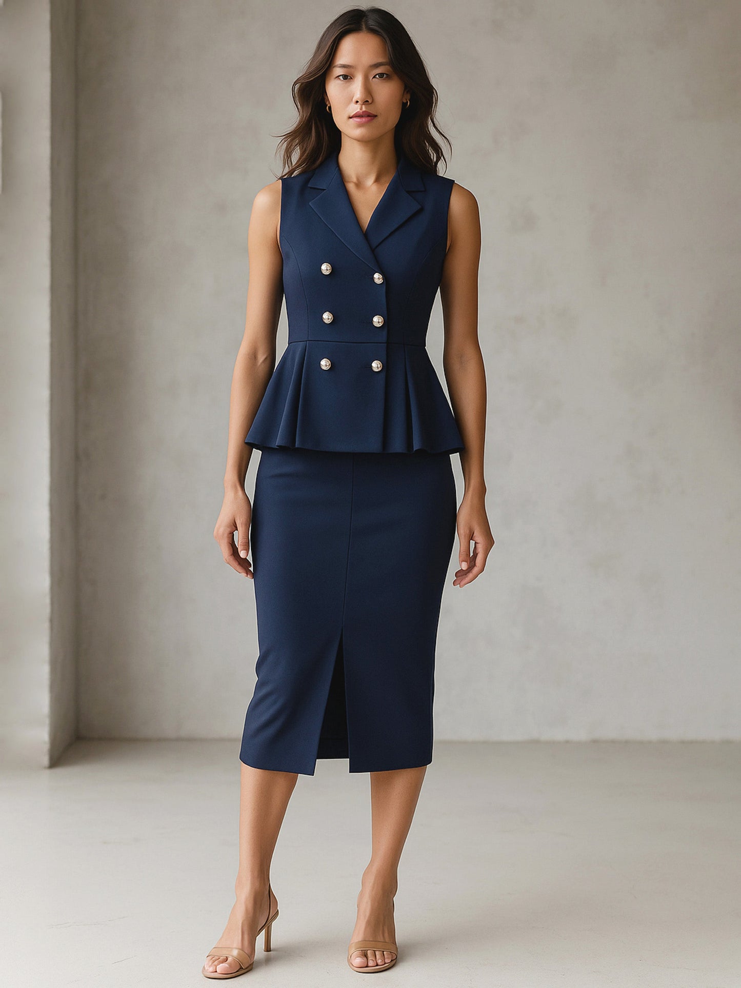 Blue Sleeveless Notched Button Top With Skirt