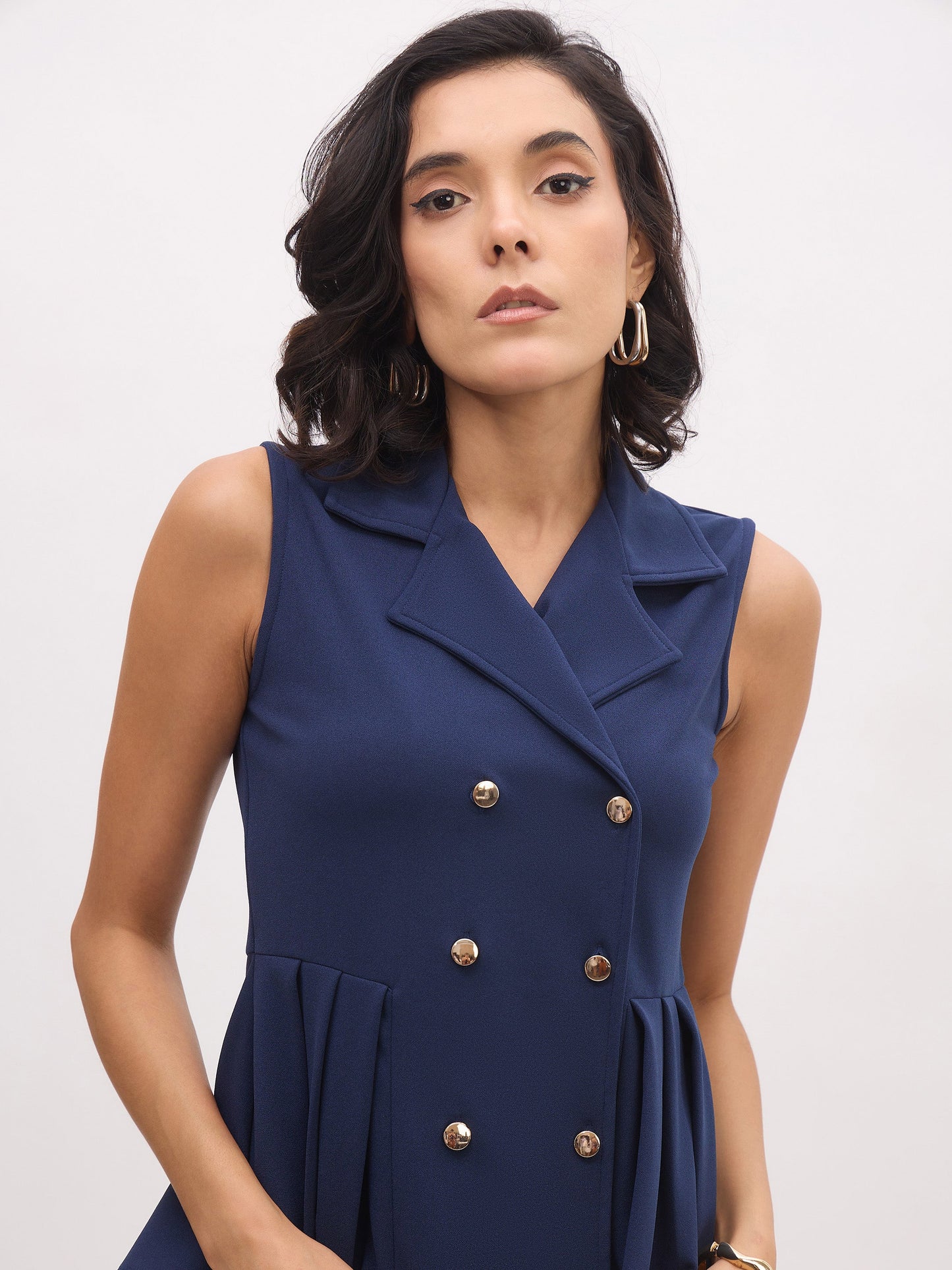 Blue Sleeveless Notched Button Top With Skirt