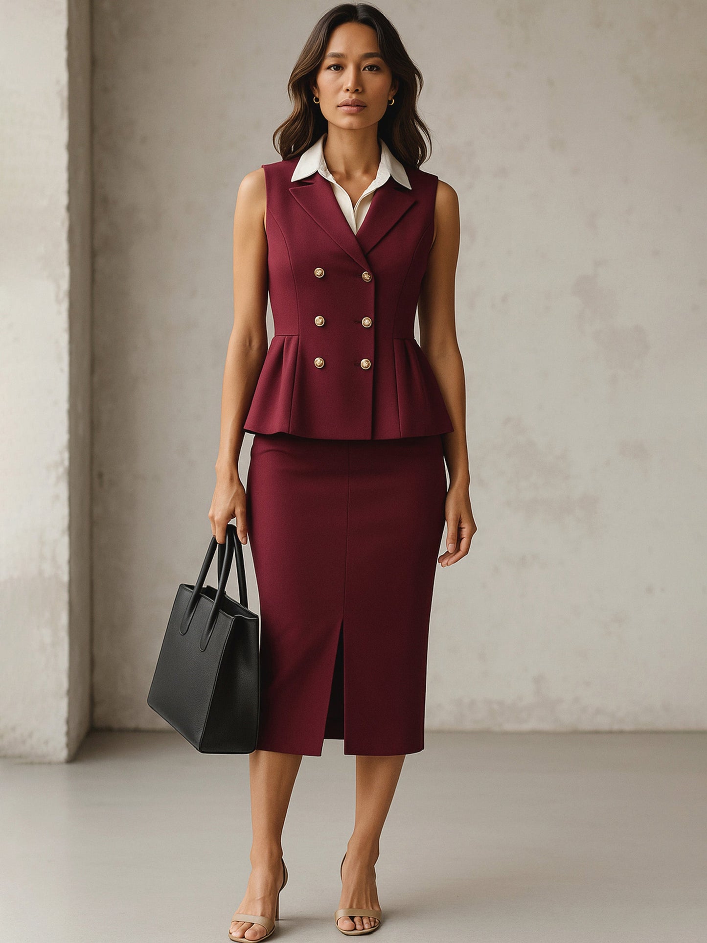 Women Burgundy Sleeveless Notched Button Top With Skirt