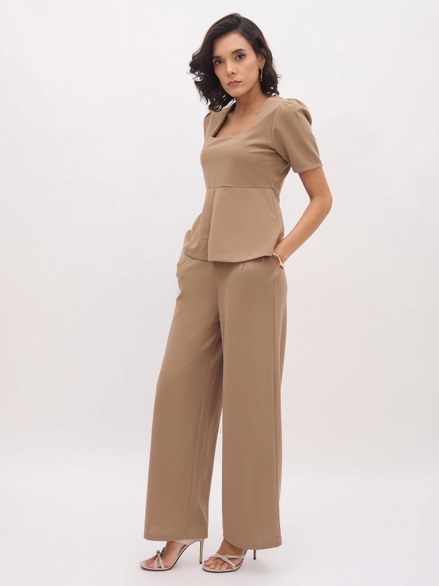 Women Beige Front Slit Top With Straight Pants