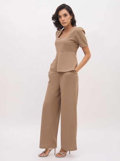 Women Beige Front Slit Top With Straight Pants
