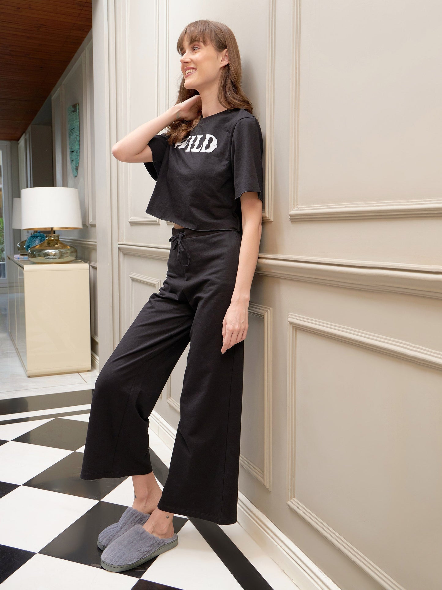 Black WILD Terry Crop T-Shirt With Lounge Pants
