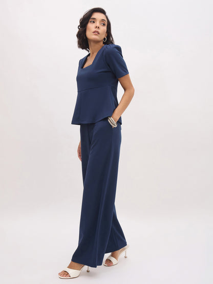 Women Blue Front Slit Top With Straight Pants