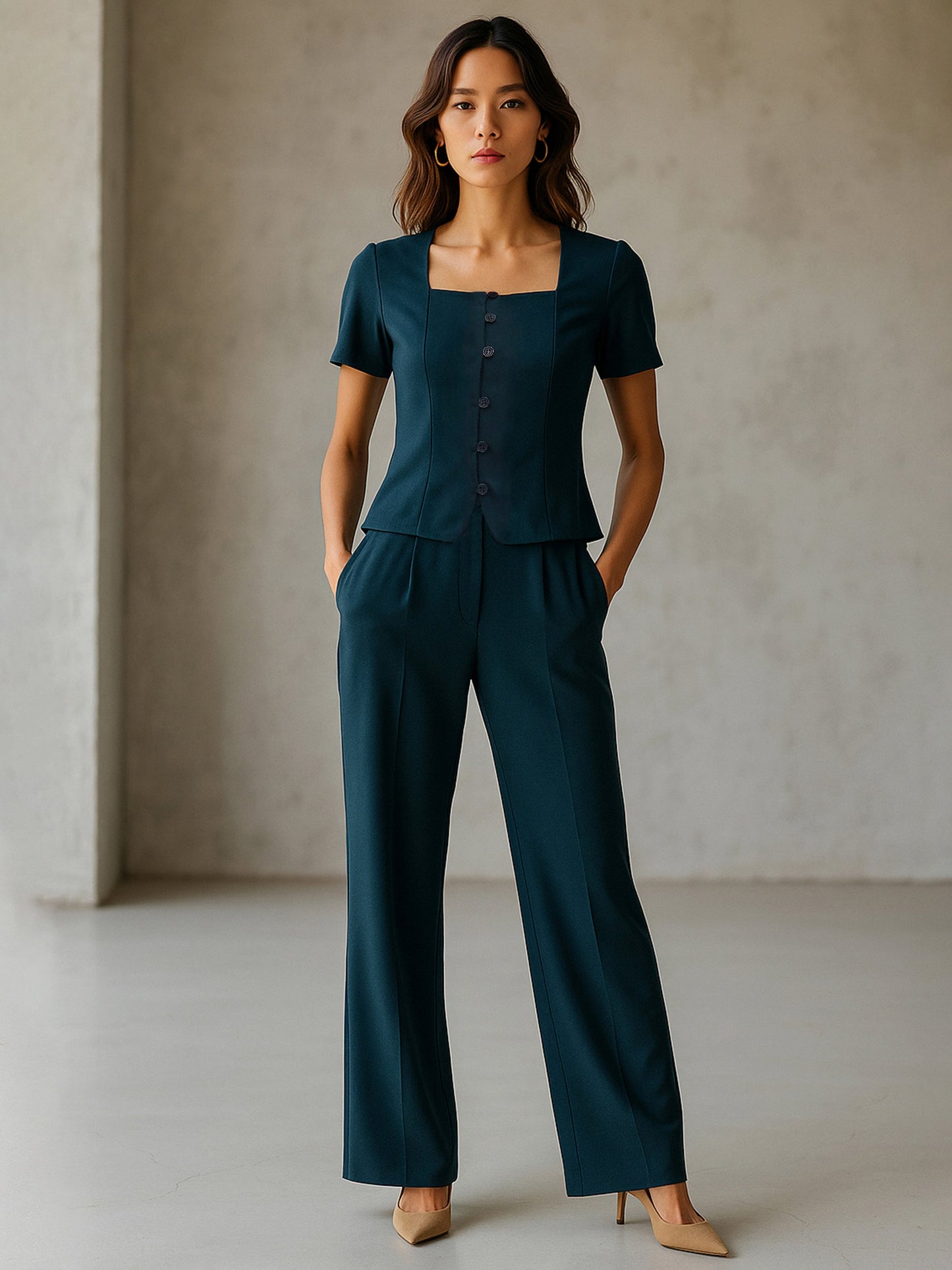 Emerald Green Button Top With Cross Pocket Pants