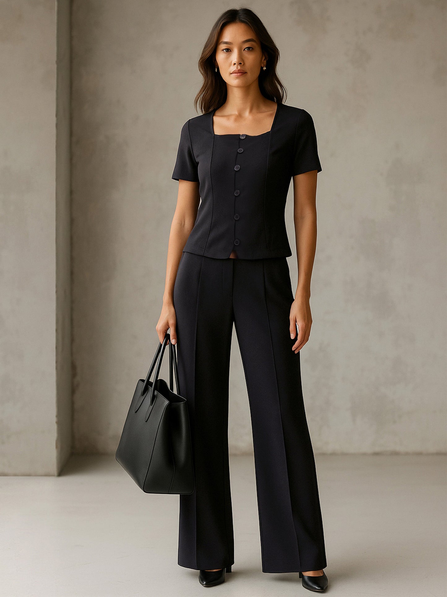 Black Button Top With Cross Pocket Pants