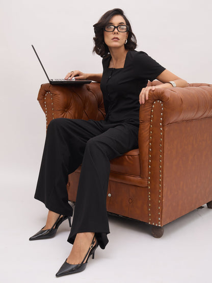 Black Button Top With Cross Pocket Pants