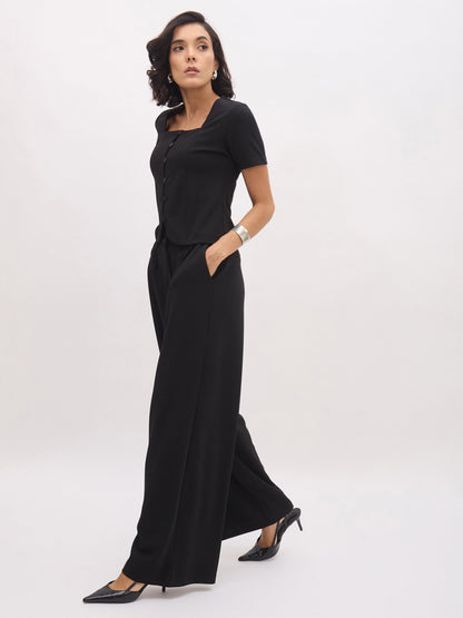 Black Button Top With Cross Pocket Pants