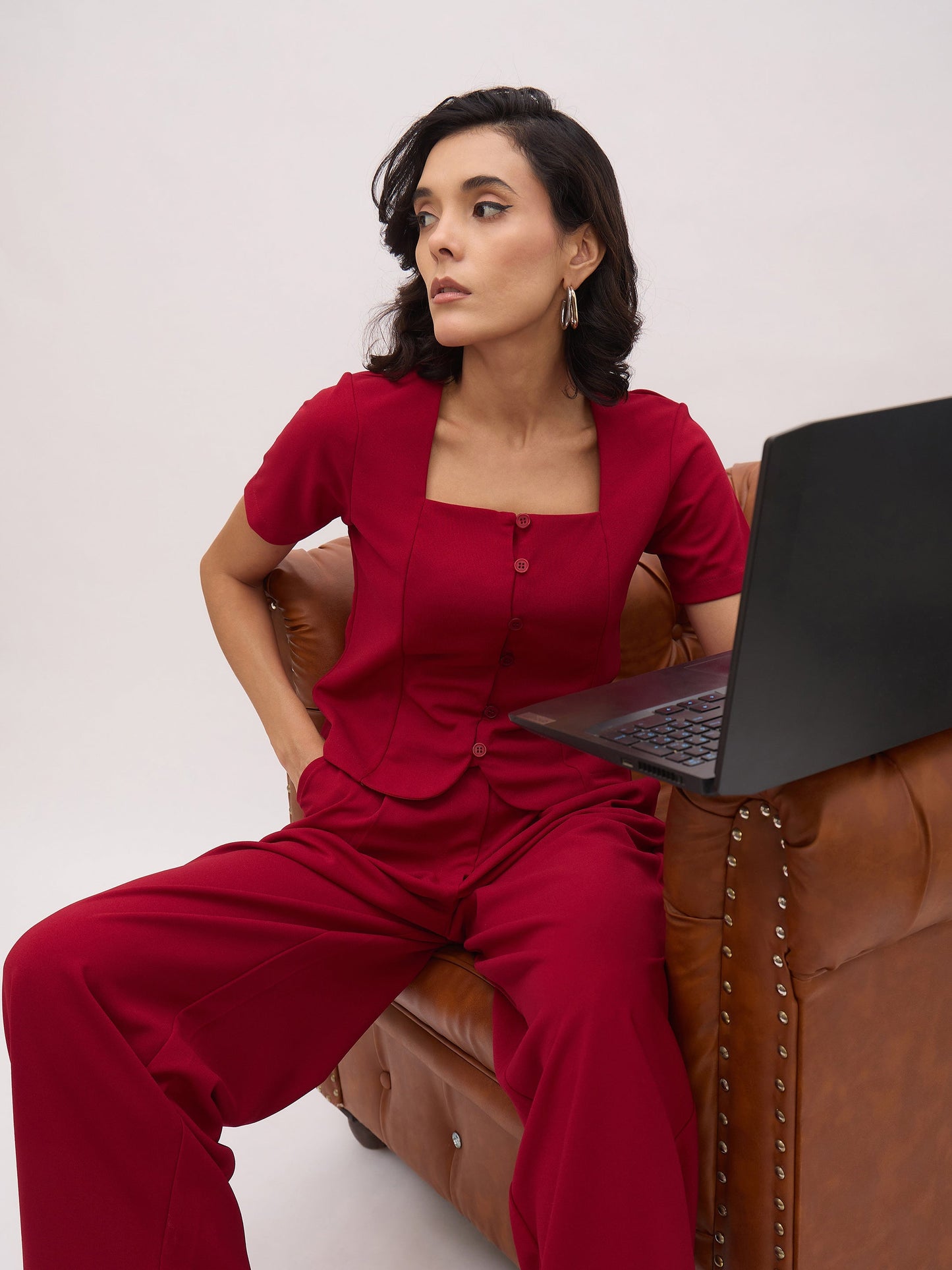 Maroon Button Top With Cross Pocket Pants