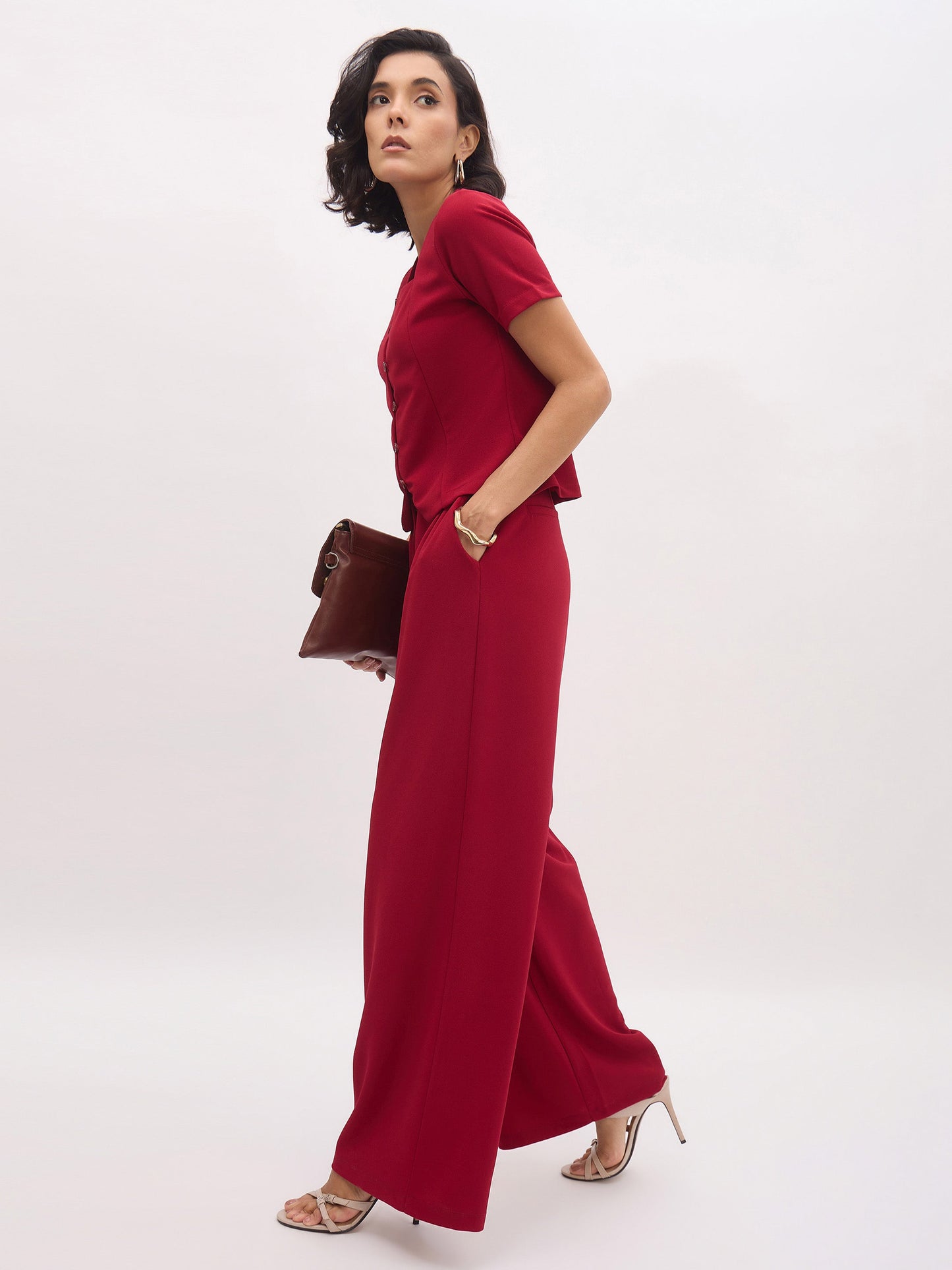 Maroon Button Top With Cross Pocket Pants