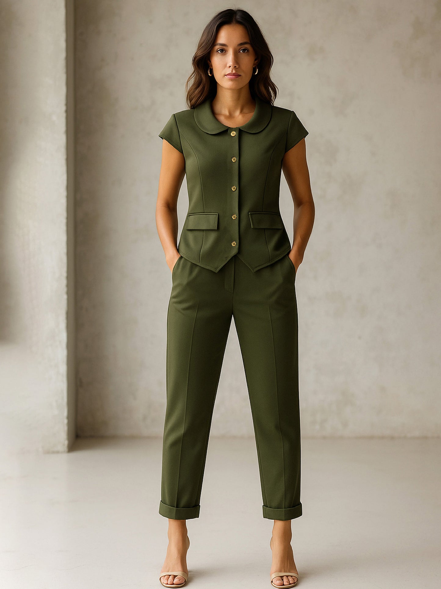 Olive PeterPan Cap Sleeve Button Top With Trousers