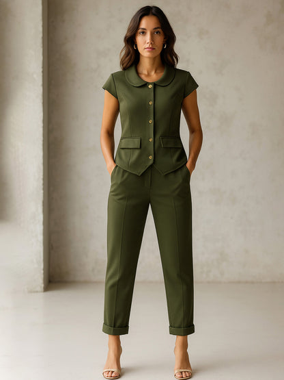 Olive PeterPan Cap Sleeve Button Top With Trousers