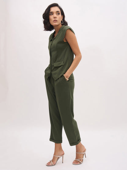 Olive PeterPan Cap Sleeve Button Top With Trousers