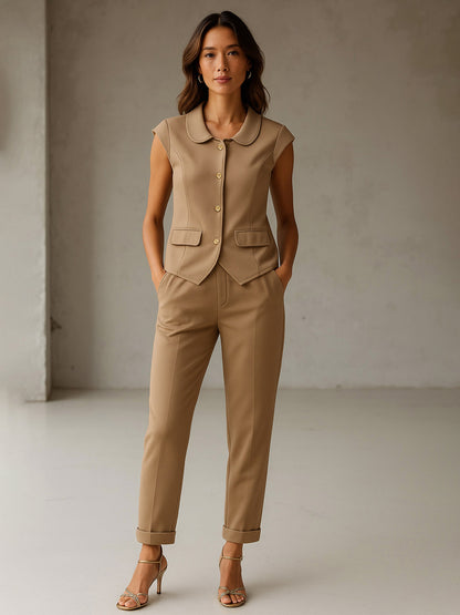 Beige PeterPan Cap Sleeve Button Top With Trousers