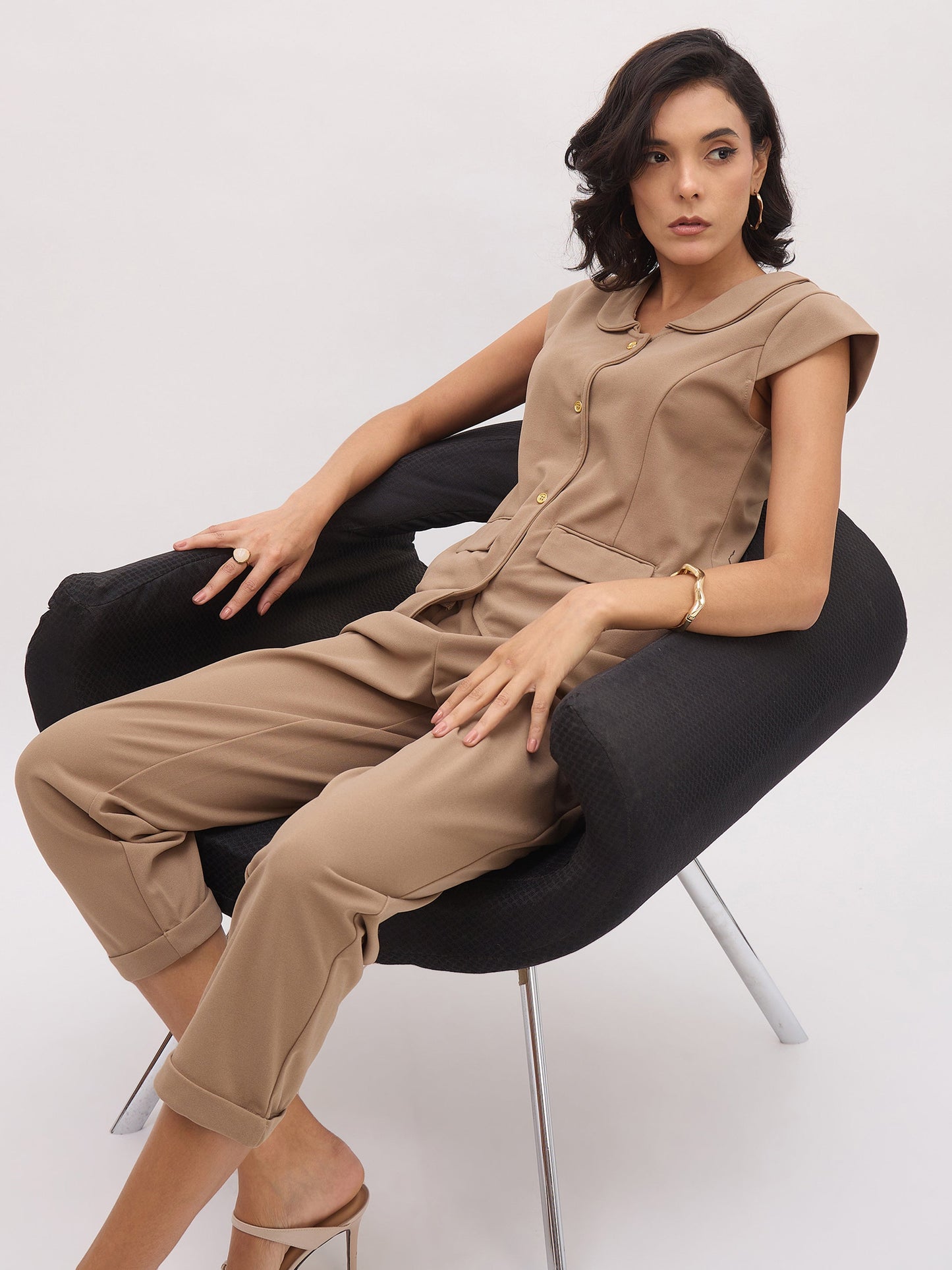 Beige PeterPan Cap Sleeve Button Top With Trousers