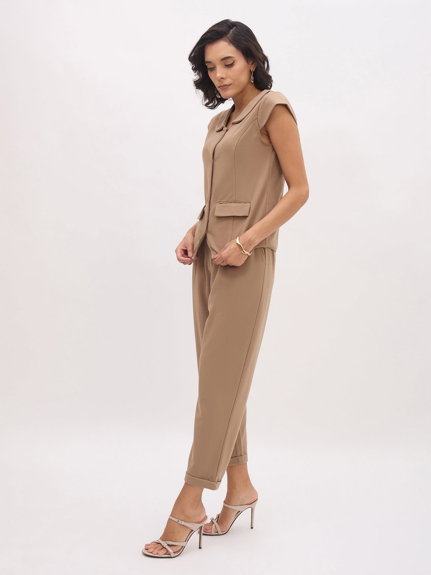 Beige PeterPan Cap Sleeve Button Top With Trousers