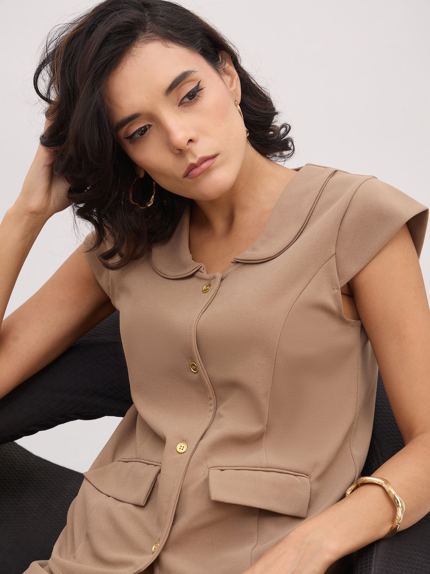 Beige PeterPan Cap Sleeve Button Top With Trousers