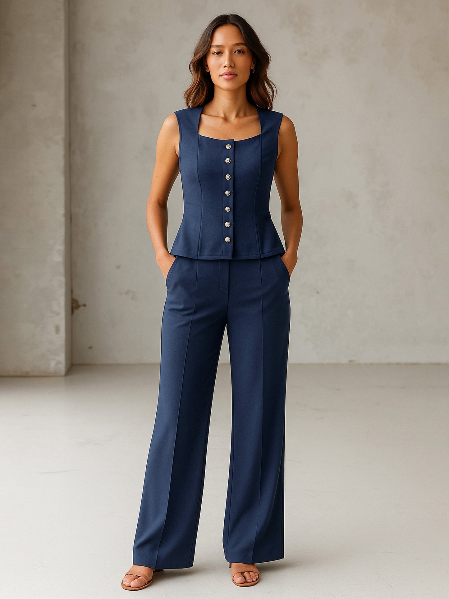 Women Blue Rhombus Neck Top With Cross Pocket Pants