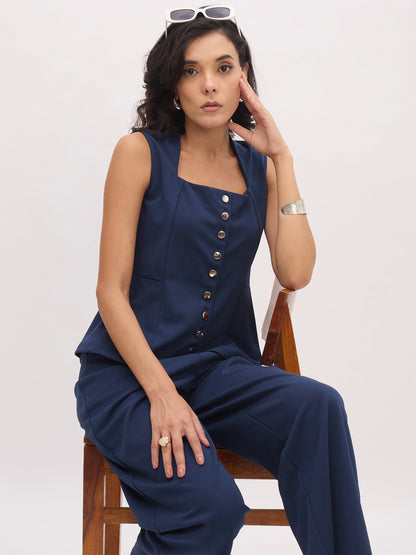 Women Blue Rhombus Neck Top With Cross Pocket Pants