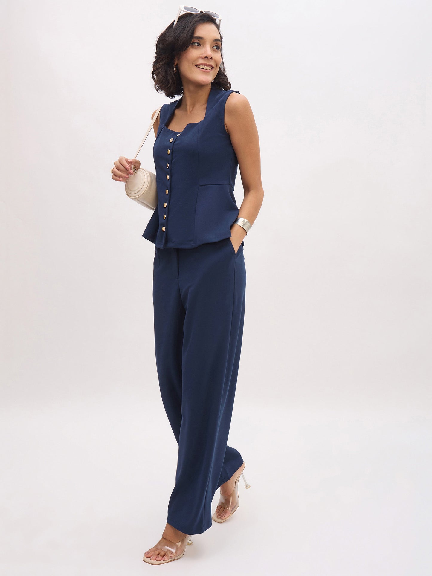Women Blue Rhombus Neck Top With Cross Pocket Pants