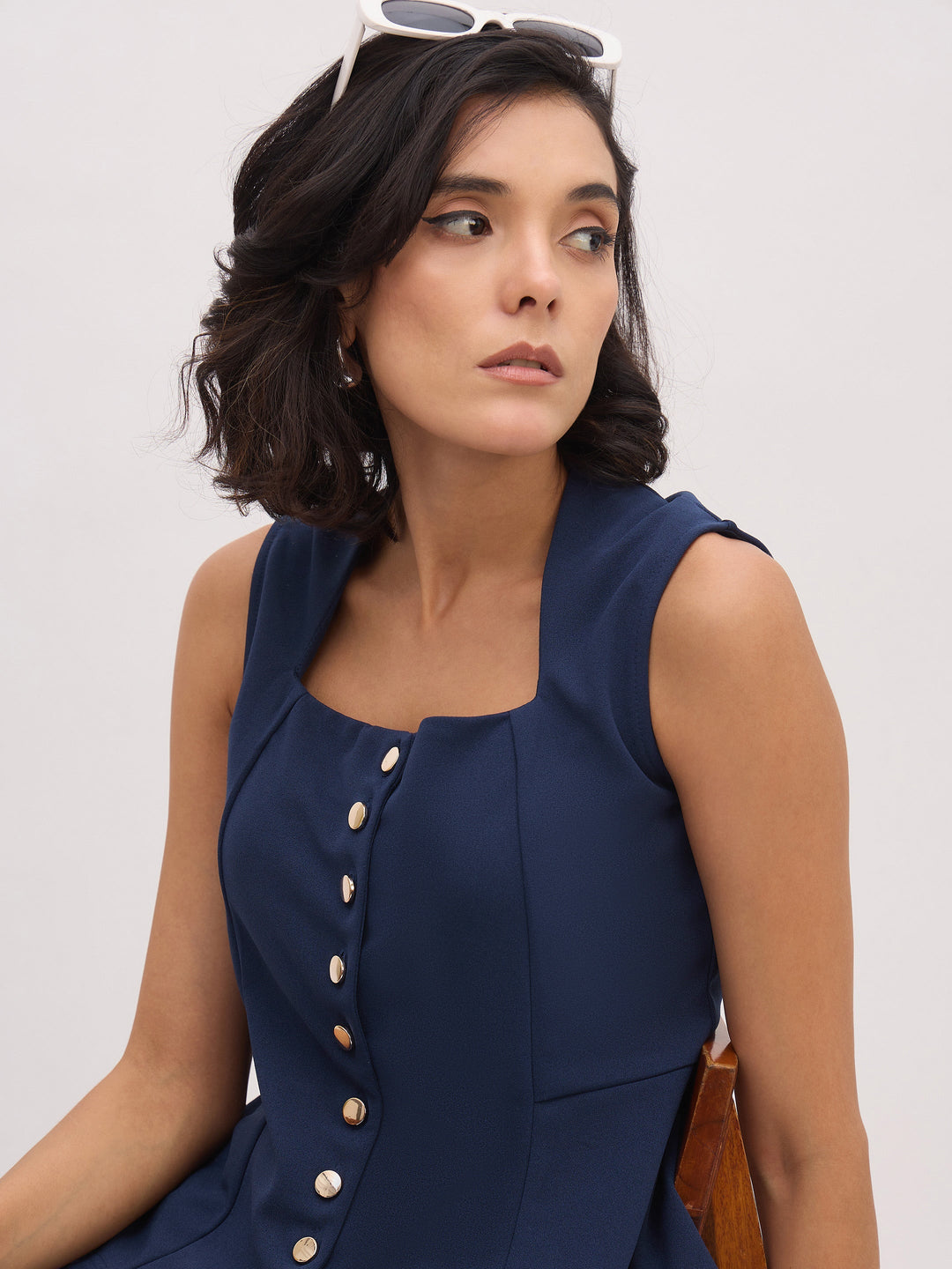 Women Blue Rhombus Neck Top With Cross Pocket Pants