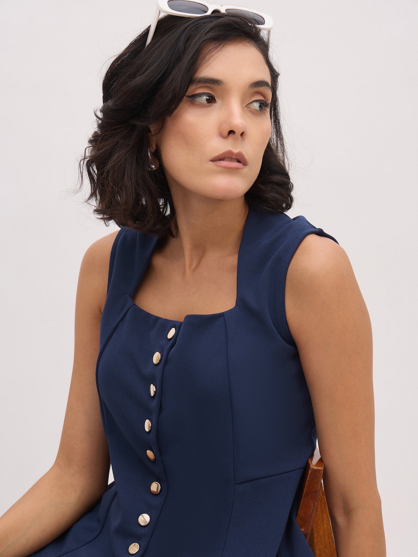 Women Blue Rhombus Neck Top With Cross Pocket Pants