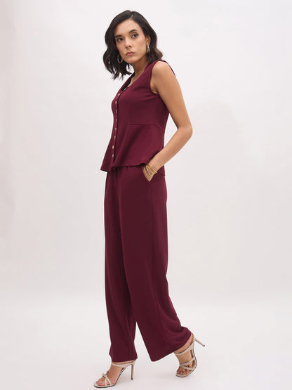 Women Burgundy Rhombus Neck Top With Cross Pocket Pants