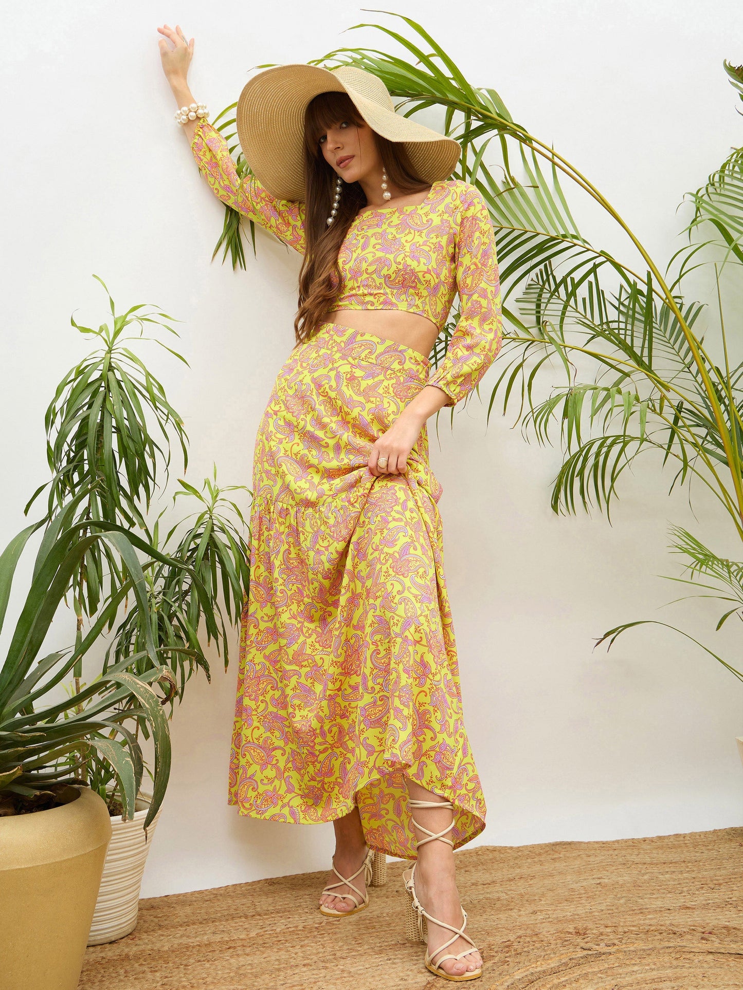 Women Neon Green Paisley Crop Top With Midi Skirt