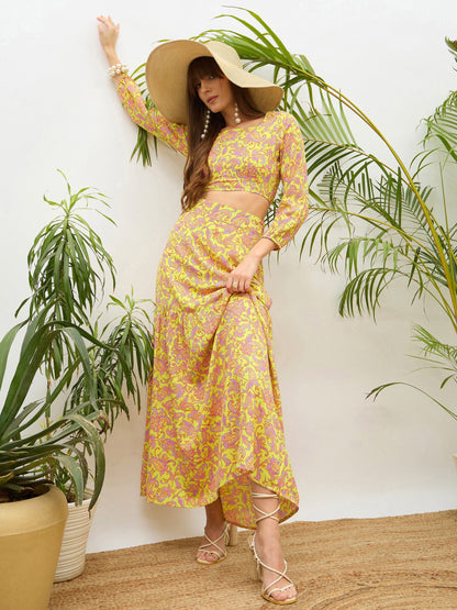 Women Neon Green Paisley Crop Top With Midi Skirt