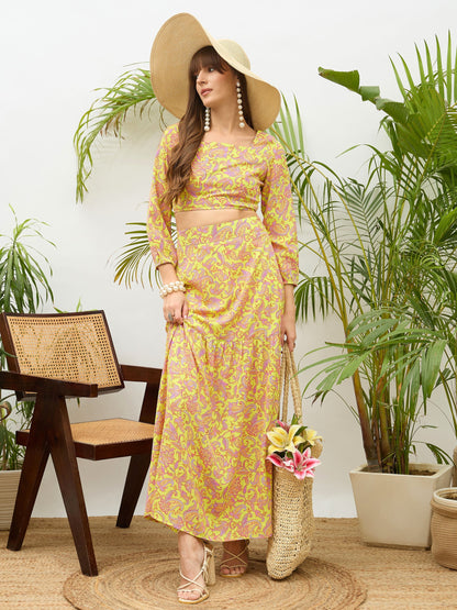 Women Neon Green Paisley Crop Top With Midi Skirt