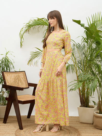 Women Neon Green Paisley Crop Top With Midi Skirt