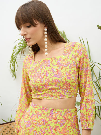Women Neon Green Paisley Crop Top With Midi Skirt