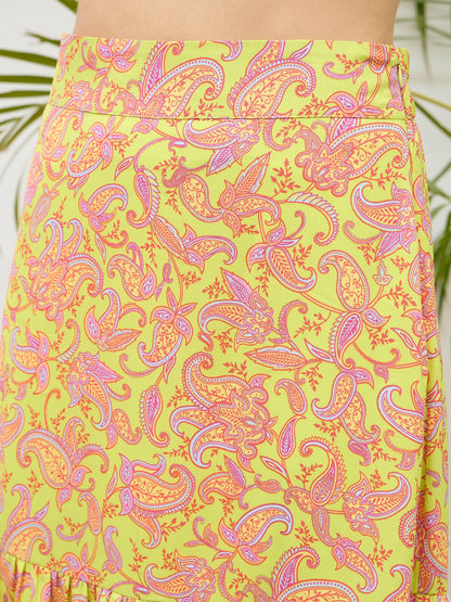 Women Neon Green Paisley Crop Top With Midi Skirt
