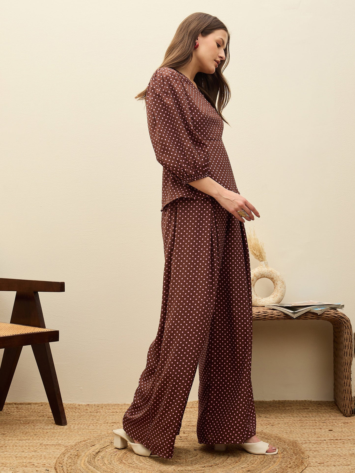 Women Brown Polka Dot Wrap Top With Flared Pants