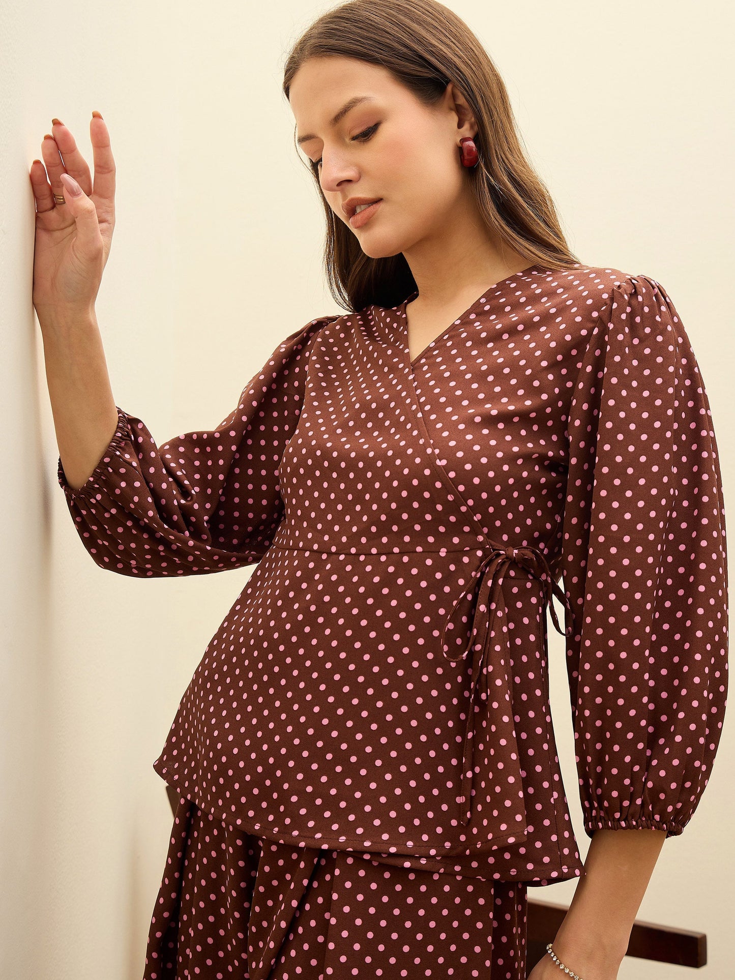 Women Brown Polka Dot Wrap Top With Flared Pants