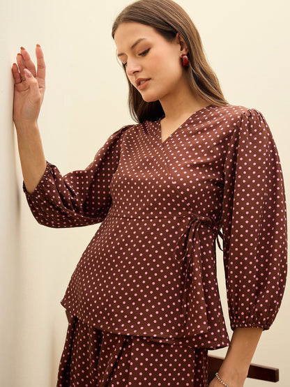Women Brown Polka Dot Wrap Top With Flared Pants