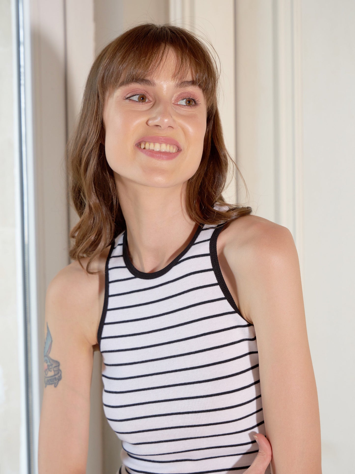 White & Black Rib Striped Top With Black Printed Joggers