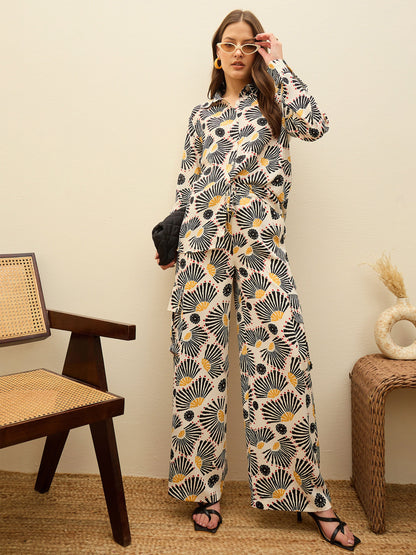 Women Beige Printed Oversize Shirt With Box Pocket Pants