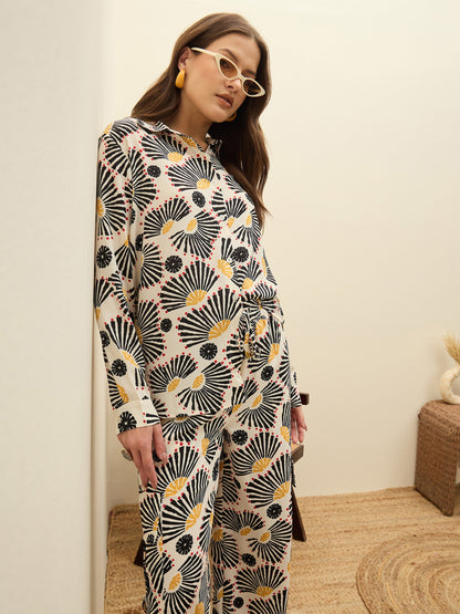 Women Beige Printed Oversize Shirt With Box Pocket Pants