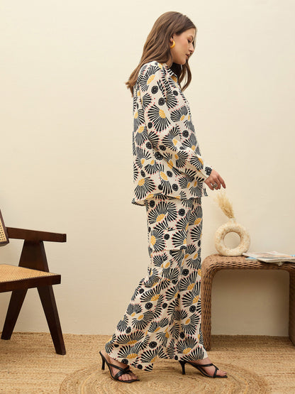 Women Beige Printed Oversize Shirt With Box Pocket Pants