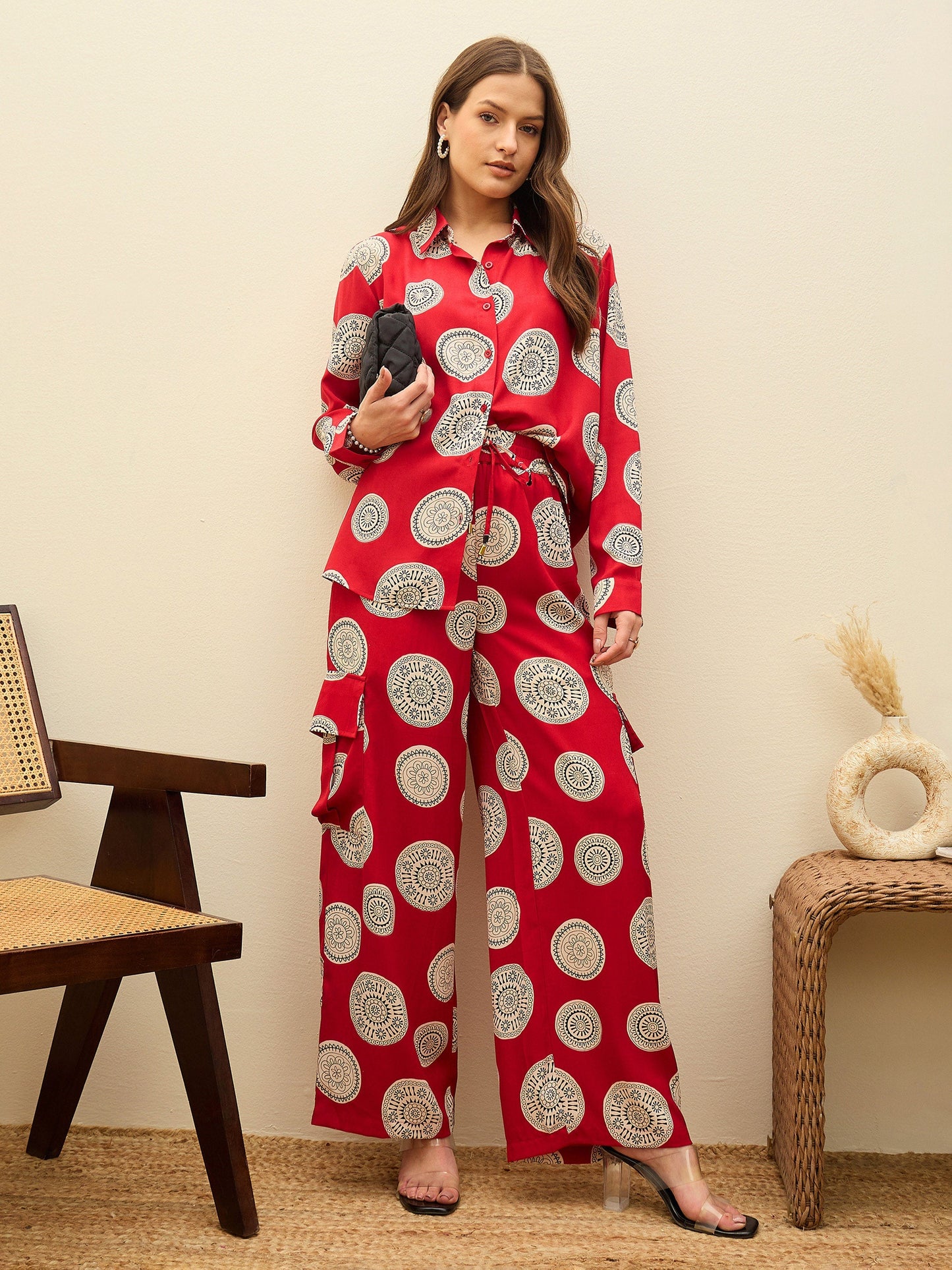 Women Maroon Printed Oversize Shirt With Box Pocket Pants