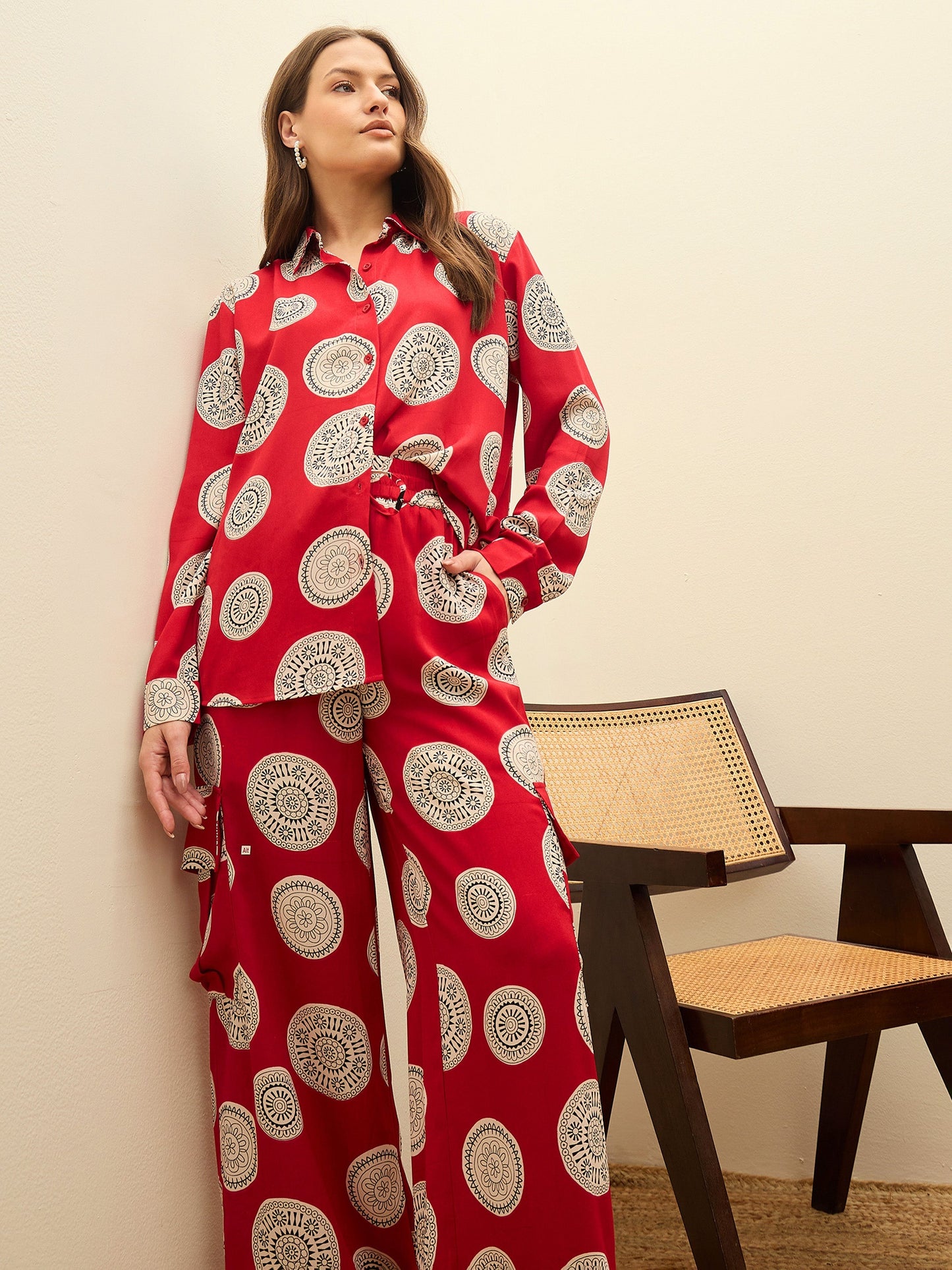 Women Maroon Printed Oversize Shirt With Box Pocket Pants