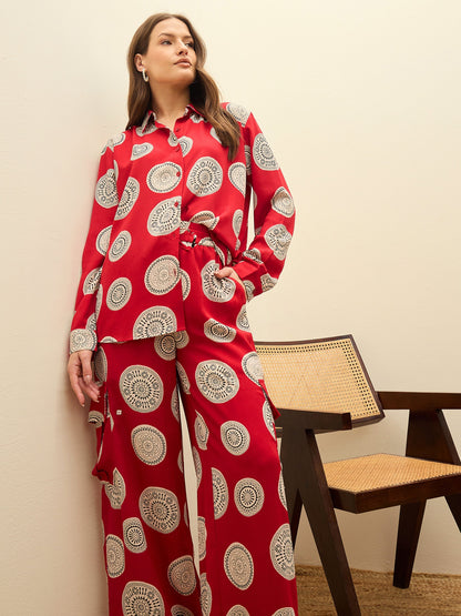 Women Maroon Printed Oversize Shirt With Box Pocket Pants