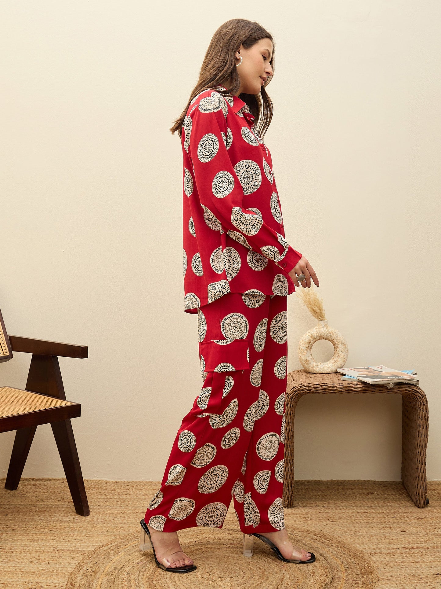 Women Maroon Printed Oversize Shirt With Box Pocket Pants