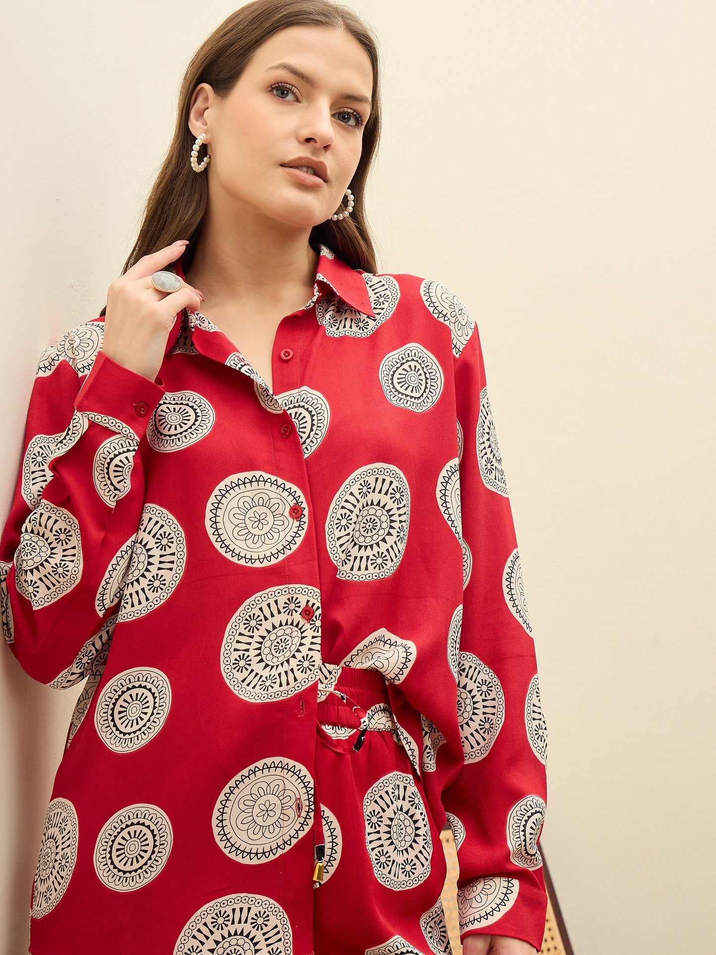Women Maroon Printed Oversize Shirt With Box Pocket Pants