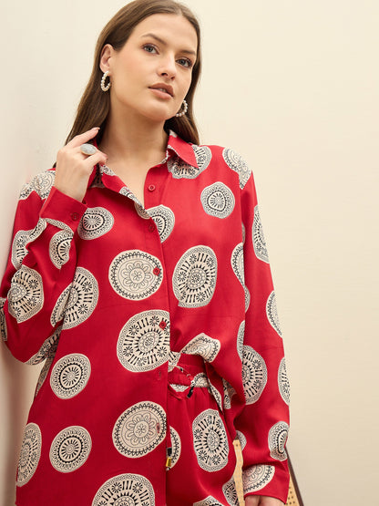 Women Maroon Printed Oversize Shirt With Box Pocket Pants