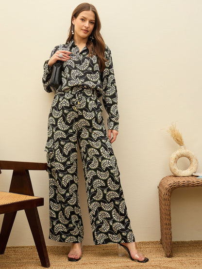 Women Black Printed Oversize Shirt With Box Pocket Pants
