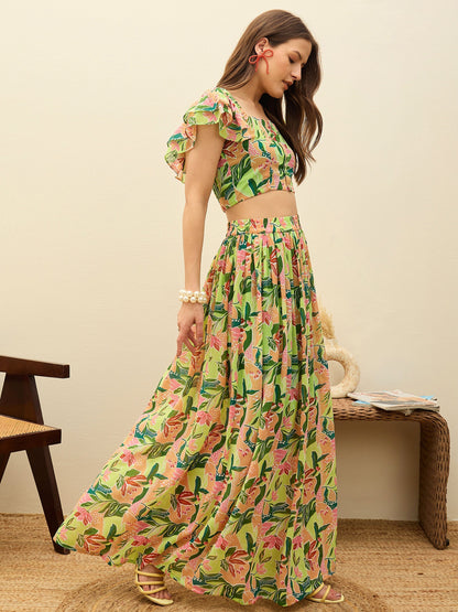 Women Green Floral Strappy Crop Top With Maxi Skirt
