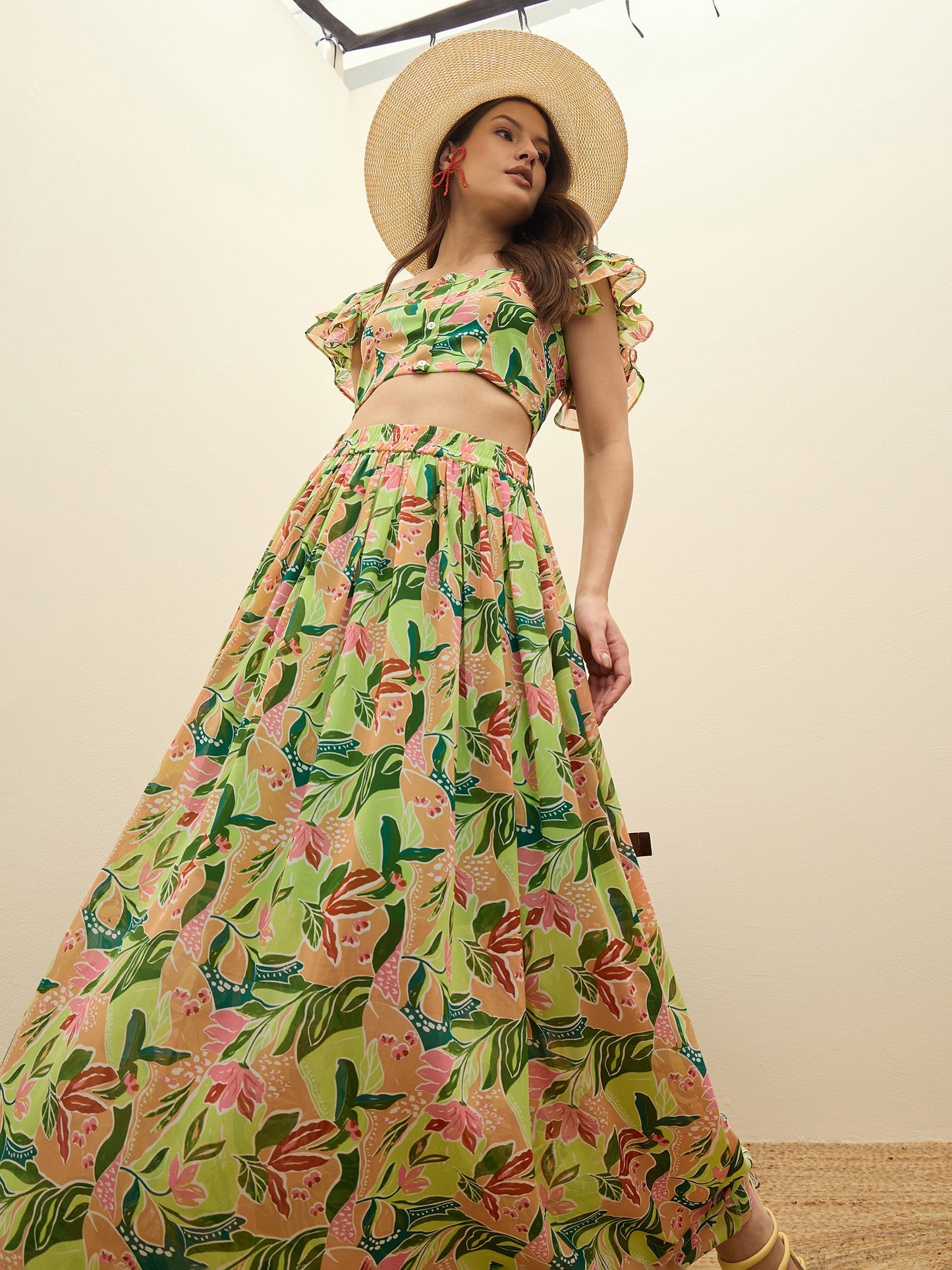 Women Green Floral Strappy Crop Top With Maxi Skirt