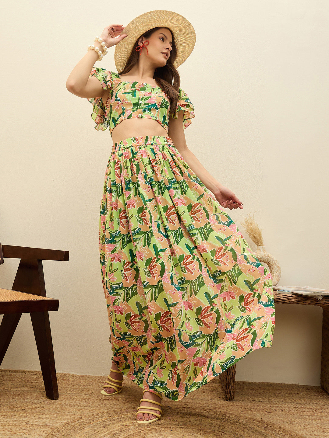 Women Green Floral Strappy Crop Top With Maxi Skirt