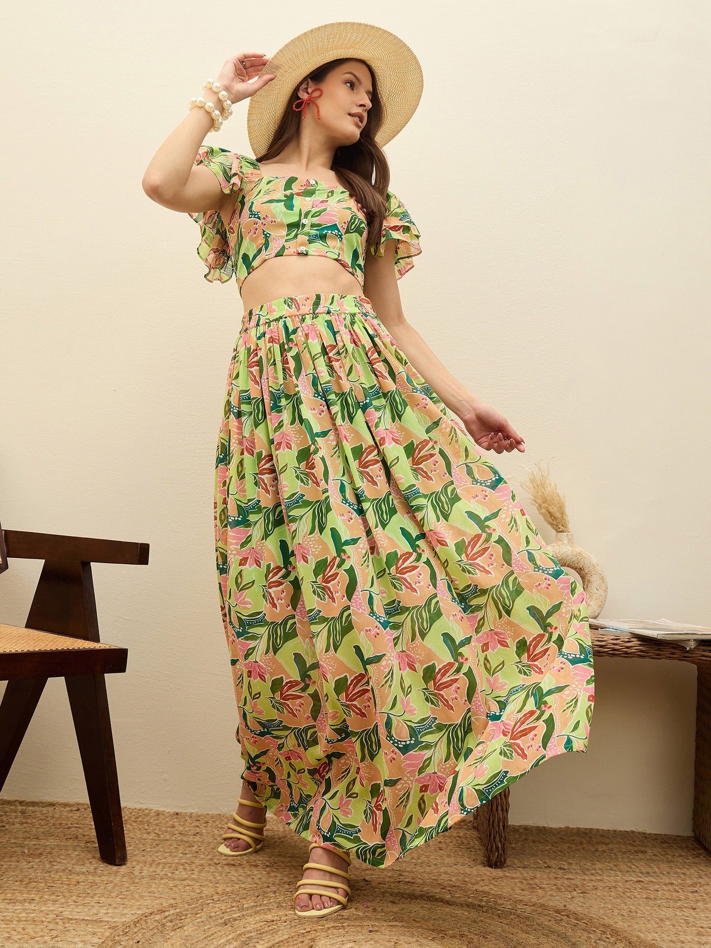 Women Green Floral Strappy Crop Top With Maxi Skirt